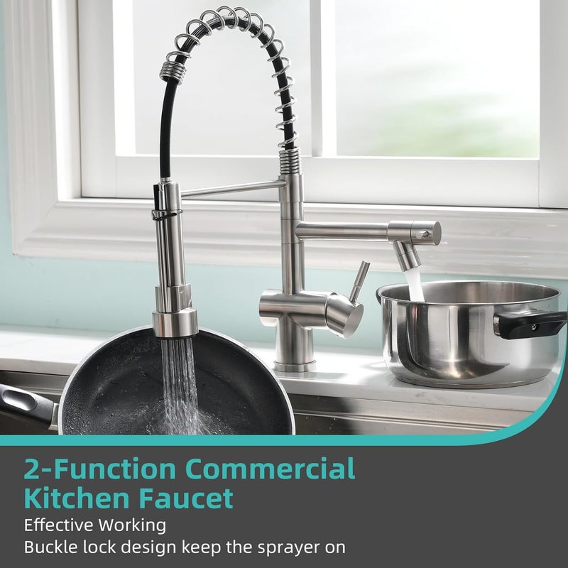 kicimpro Faucet for Kitchen Sink, Commercial Kitchen Faucet with Pull Down Sprayer Brushed Nickel Spring Single Handle High Arc Stainless Steel Kitchen Bar Sink Faucet 1 Hole Or 3 Hole Compatible - Image 2